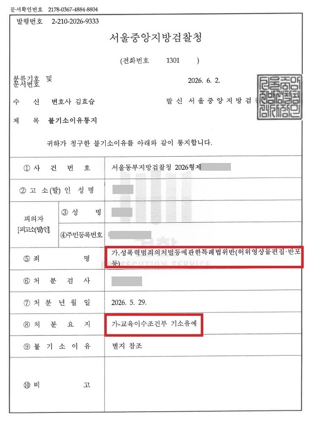 딥페이크 사건, 전과 없이 종결 처분문서